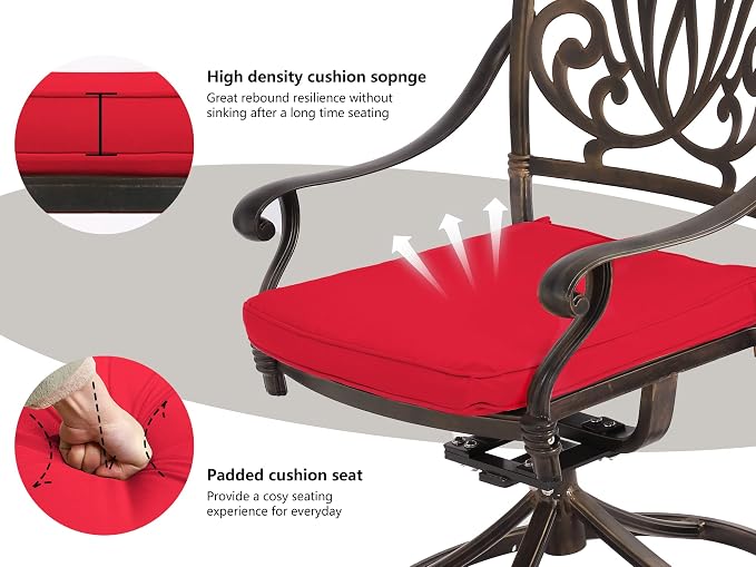 Grepatio 5 Piece Outdoor Dining Set Cast Aluminum Patio Dining Set Table and Chairs Outside Furniture 4 Swivel Chairs with Cushion and 1 Umbrella Round Dining Table for Lawn Garden Patio (Red) - Image 4