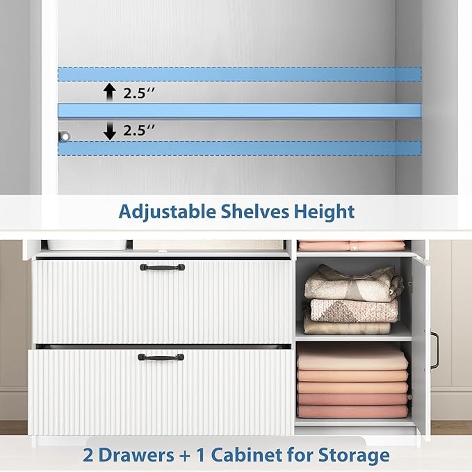 Armoire Wardrobe Closet with Mirror Door, Fluted White Storage Cabinet for Hanging Clothes,Bedroom Large Capacity Freestanding Armoire with Hanging Rod,Adjustable Shelves and Hooks(White)