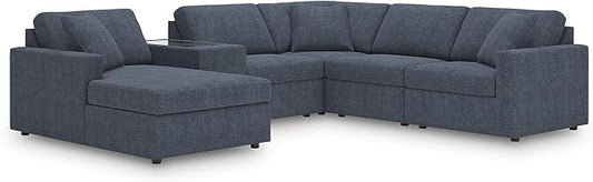 Signature Design by Ashley Contemporary Modmax Stain Resistant U-Shape Right-Arm Facing 6-Piece Sectional with Chaise, Storage Console and Reversible Cushion, Dark Blue