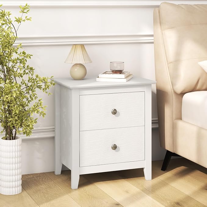 Giantex White Nightstand, Modern 2 Drawers Night Stand with Handles, Sofa Side Table with Sturdy Legs for Small Spaces, College Dorm, Kids’ Room, Wooden Bedside Table for Bedroom, White - Image 2