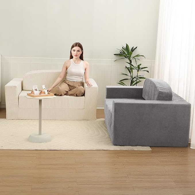 MeMoreCool Convertible Sofa Bed – Small Beige Corduroy Loveseat Sleeper, Boneless Fold-Out Cloud Couch with Foam, Trifold Floor Futon with Washable Cover for Bedroom, Apartment, Guest Room