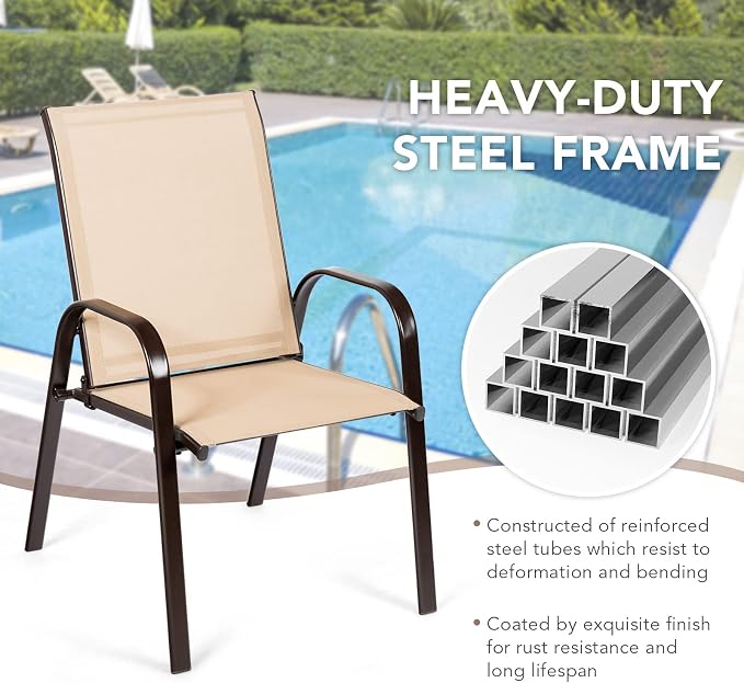 Tangkula 2 Piece Patio Dining Chairs, Outdoor Bistro Chairs W/Curved Armrests, Easy-to-Dry Fabric, Reinforced Steel Frame, Wide & Comfortable Camping Chairs for Garden, Poolside, Backyard (1, Beige) - Image 8