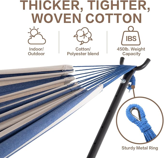 PNAEUT Double Hammocks with Stand for Outside, Portable Space Saving Heavy-Duty Steel Stand for Indoor Outdoor Patio with Carrying Bag, 450 lbs Capacity (Sky) - Image 4