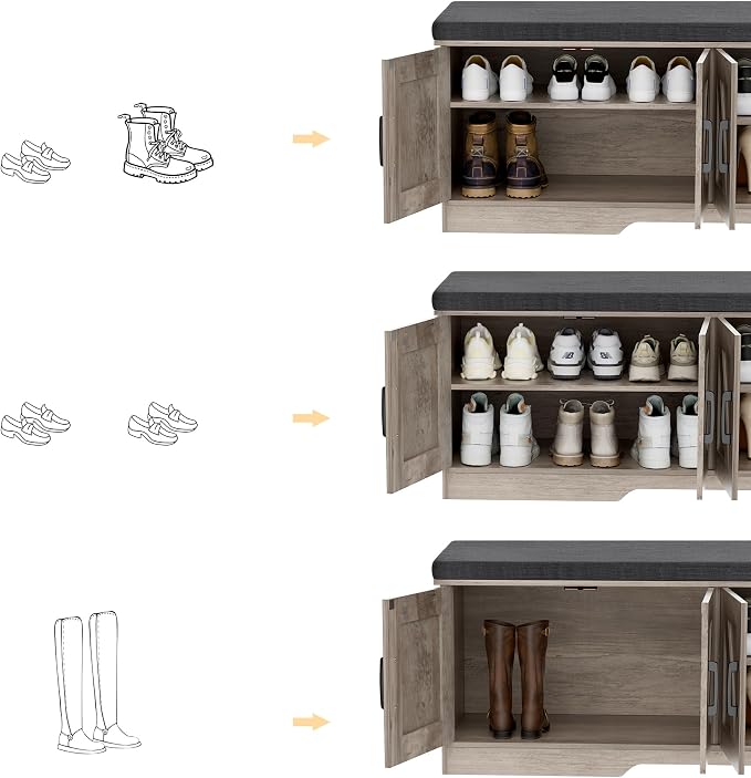 HOMSHO 2-Tier Storage Bench, 47.2" Wide Shoe Bench with Padded Seat Cushion, Entryway Bench with 4 Barn Doors and Adjustable Shelf, Greige - Image 6