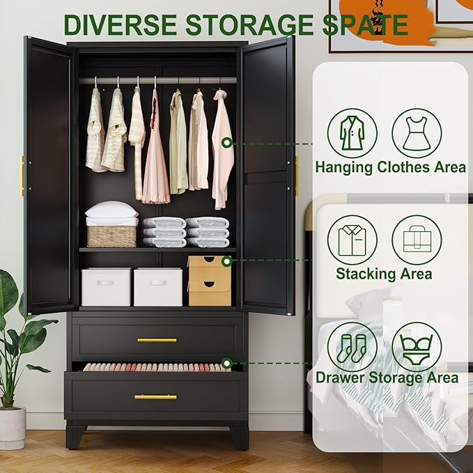 winiowa Metal Armoire Wardrobe Closet with 2 Drawers, 71" Wardrobe Cabinet with Adjustable Shelves and Hanging Rod, Clothing Storage Cabinet Closet with Mirror for Bedroom-Black