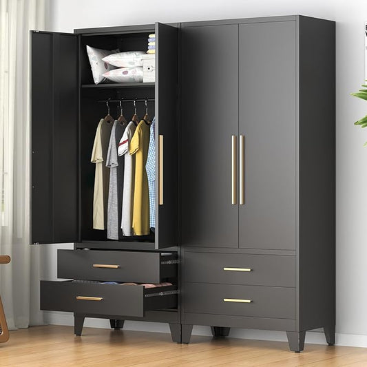 75.3" Tall Metal Armoire Wardrobe Closet with 2 Doors and 2 Drawers, Adjustable Hanging Rod and Adjustable Shelf, Freestanding Storage Cabinet Organizer for Bedroom, Office, Laundry Room，Black