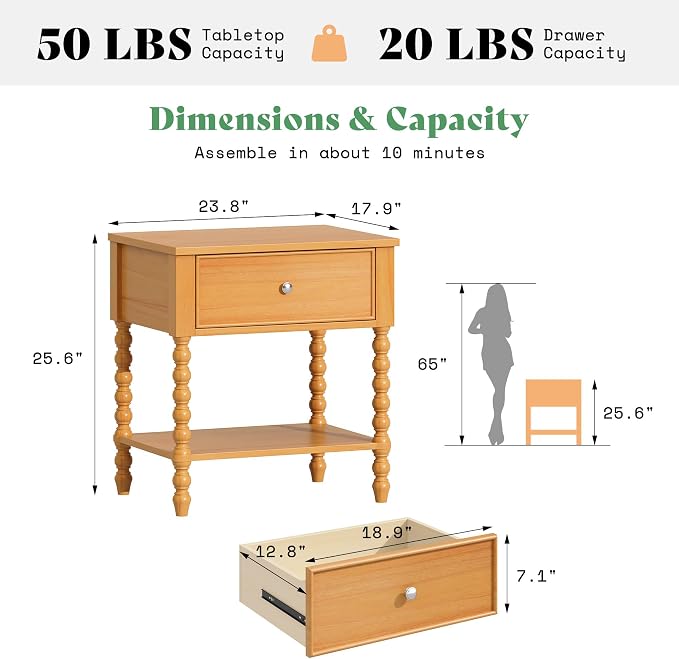 AMERLIFE 24" Wood Nightstand Set of 2, Vintage Bedside Table for Bedroom, Solid Wood Night Stand with Turned Legs, End Table with Drawer & Open Shelf, Natural Finish - Image 2