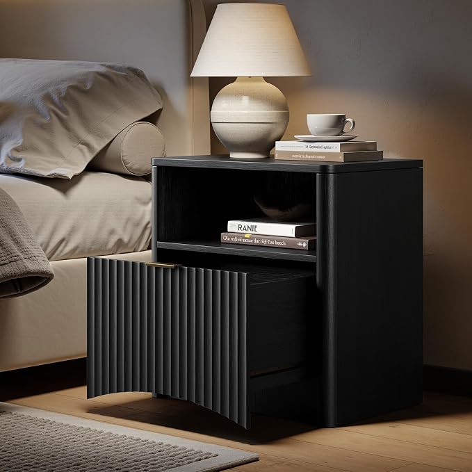 Evermagin Fluted Nightstand with Charging Station, Black Bedside Table with Drawer and Storage, Wood End Table Mid Century Modern, Large Night Stand for Bedroom - Image 4