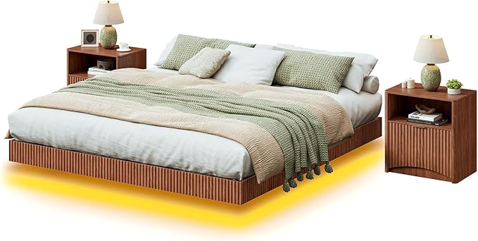 Evermagin Bedroom Furniture Set-Bed with 2 Nightstands, Mid Century Modern Bedroom Set, Floating Bed Frame Led Lights, Fluted Floating Room Furnitures, 3-Piece Room Set (Wal, Queen)