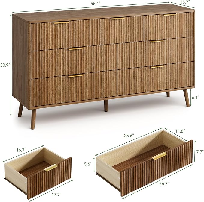LYNSOM Fluted Dresser and Nightstand Set, 3 Pieces Bedroom Set, 55 Inch Wide 7-Drawer Dresser & 2-Drawer Nightstands Set of 2, Walnut Dressers Set for Bedroom, Hallway
