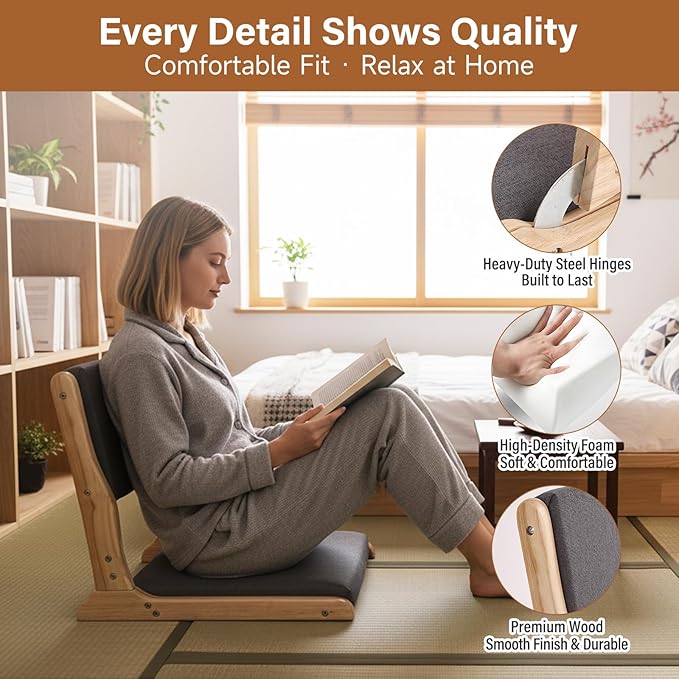 Tiita Floor Chair with Back Support, Foldable Meditation Tatami Chairs, Backrest Chair with Cushion, Living Room Chair Seat 4 Pack, Wood Dark Grey
