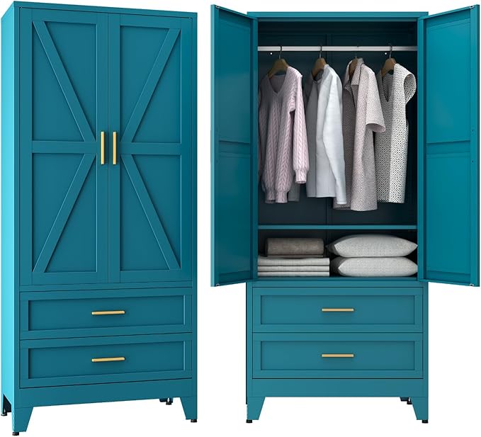 Metal Wardrobe Cabinet, 71" Tall Armoire Wardrobe Closet with 2 Drawers, Hanging Rod and Adjustable Shelf, Farmhouse Clothing Storage Cabinet for Bedroom, Laundry
