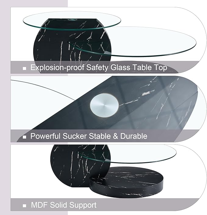 42" Glass Coffee Table, Round Coffee Table, 2-Tier Tempered Glass Tabletop with Black Faux Marble Base, Modern Center Table for Living Room, Home, Apartment, Ideal for Small Space