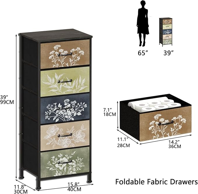 Tohomeor Vintage Dresser Vertical Nightstand with Neutral Botanical Plant Fabric Chest Drawers for Closet Bathroom Storage Tower Unit Bed Side Organizer Farmhouse Rustic (Multi, 5 Drawers) - Image 2
