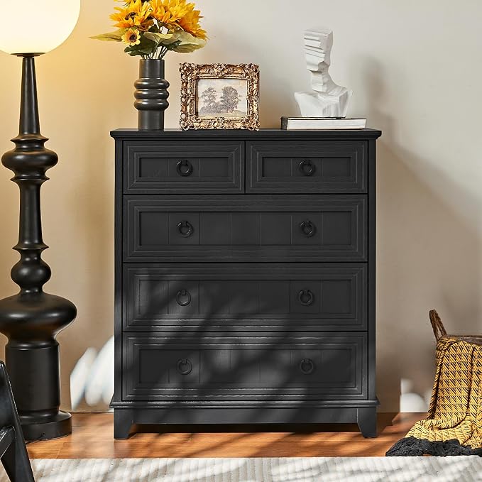 Joaxswe Farmhouse 5 Drawer Dresser for Bedroom Set of 2, 33.2" Tall Small Dressers & Chest of Drawers, Rustic Wood Dresser with Metal Handle, Storage Organizer Closet for Living Room, Hallway,Entryway - Image 2