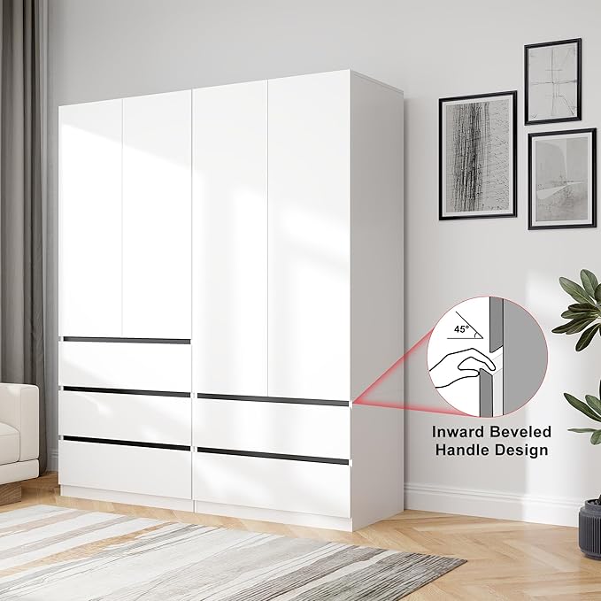 Modern Wardrobe Closet with 4 Doors: 75" White Armoire with 5 Drawers, Wooden Wardrobe for Hanging Clothes, Tall Storage Cabinet with Shelves and Hanging Rod (A+B, 63")