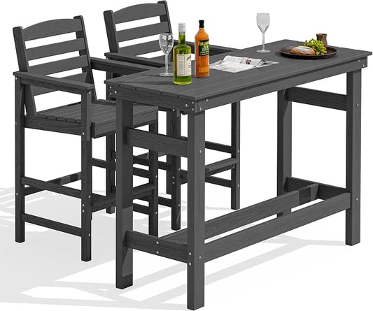 SERWALL Outdoor Bar Set - 2 Adirondack Bar Chairs & Bar Height Table with 1.6" Umbrella Hole, All-Weather HDPE Patio Furniture for Poolside, Backyard, Garden - Grey by SERWALL