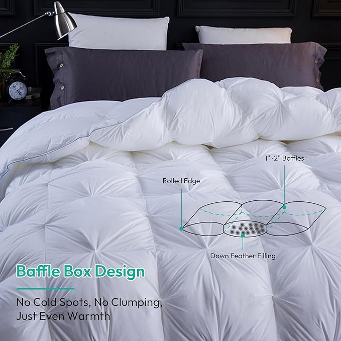 Three Geese Pinch Pleat Waterfowl Feathers and Down Comforter Cal King Size Duvet Insert,750+ Fill Power,1200TC 100% Cotton, Premium All Seasons White Warm Hotel Comforter with 8 Tabs.