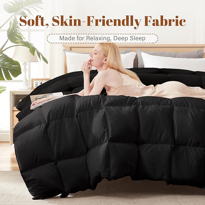 Cosybay Feather and Down Comforter Insert King Size, 100% Cotton Cover, All Season Black Down Feather Duvet Insert, Fluffy Soft Hotel Luxury Bedding for Bedroom, 106 x 90 Inches