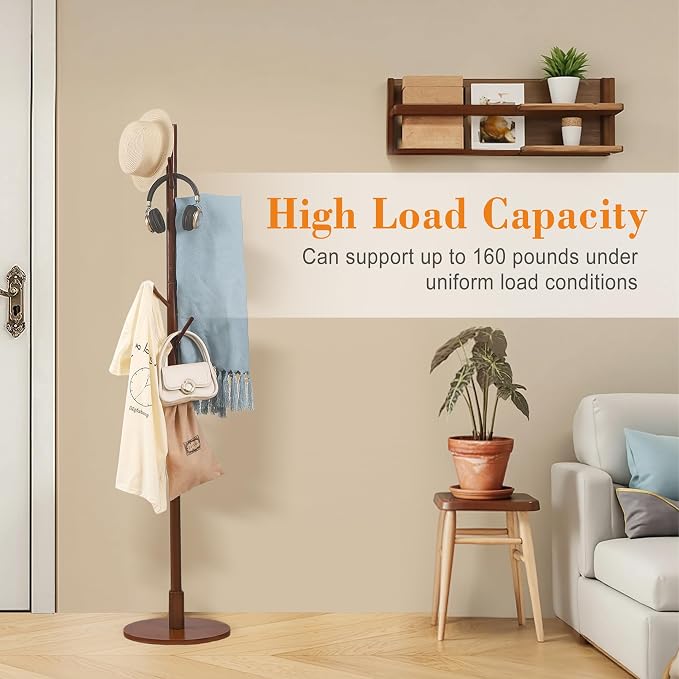 VECELO Coat Rack Freestanding, Entryway Hanger Stand, Umbrella Holder, Hall Tree With Hooks, Floor Standing Metal Tree Stand,Walnut - Image 9