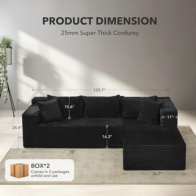 Modular Sectional Sofa Cloud Sectional Couch, 106" Comfy L Shaped Black Couches for Living Room, Deep Seat Memory Foam Plush Corduroy Boneless Couch Sectionals with L Facing Chaise Sofa