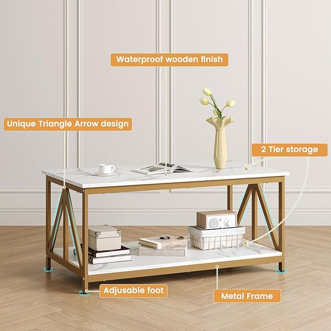 Bigbiglife Living Room Coffee Table Set of 3, Industrial X-Design Coffee Table and 2 End Side Tables, 3 Piece Living Room Table Set with Large Storage for Apartment Home (Marble White)