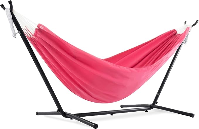 Vivere Double Polyester Hammock with Space Saving Steel Stand and Premium Carry Bag - 450 lb Capacity (Hot Pink) by Vivere