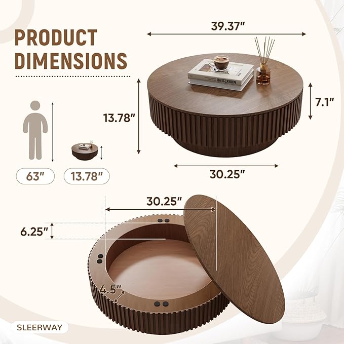 39.37'' Round Coffee Table with Storage, Modern Wooden Fluted Circle Coffee Table Unique Drum Center Table Wood Circular Tea Table for Living Room, Office, Small Apartment, Walnut