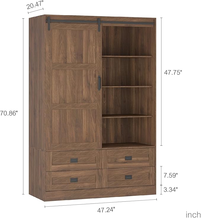 Wardrobe Closet with Sliding Barn Door, Tall Wooden Bedroom Armoire Wardrobe Closet Clothing Storage Cabinet with 4 Drawers, Adjustable Shelves and Hanging Rod, Clothes Cabinet for Bedroom, Brown