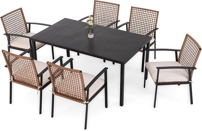 LAUSAINT HOME 7 Pieces Patio Dining Set, Outdoor Furniture Set of 6 Chairs with Soft Cushion and Iron Slats Table Top with Umbrella Hole, Conversation Set for Backyard, Garden and Poolside - Image 7