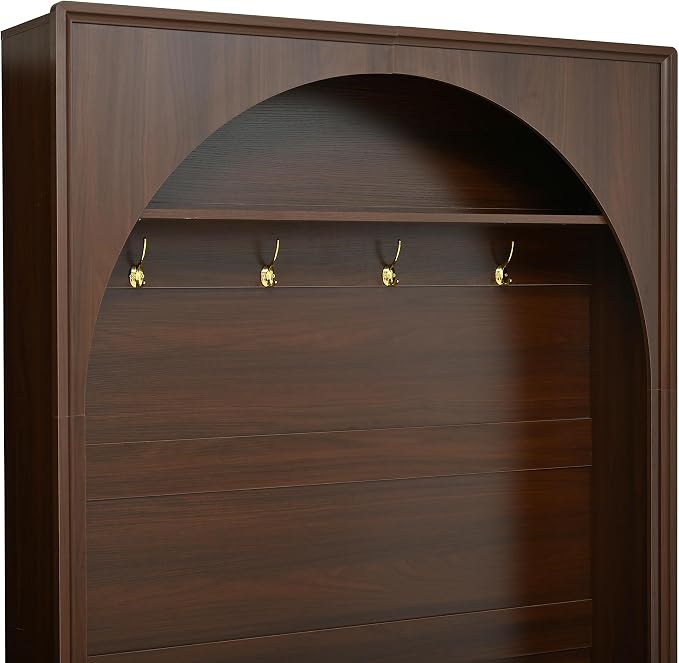 LUMISOL Entryway Hall Tree with Storage Bench, Arched Coat Rack with 4 Golden Hooks, Adjustable Shelves, and 3 Cabinets, Walnut - Image 9