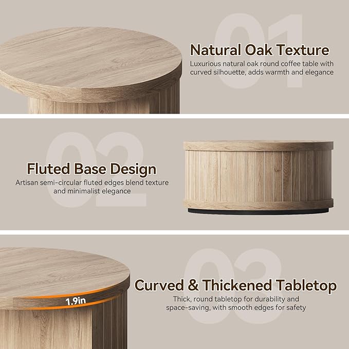 31-Inch Round Coffee Tables for Living Room, Wood Center Tea Tables with Open Shelf, Aesthetics Fluted Circle Coffee Table with Storage for Home Office, Natural Oak Brown