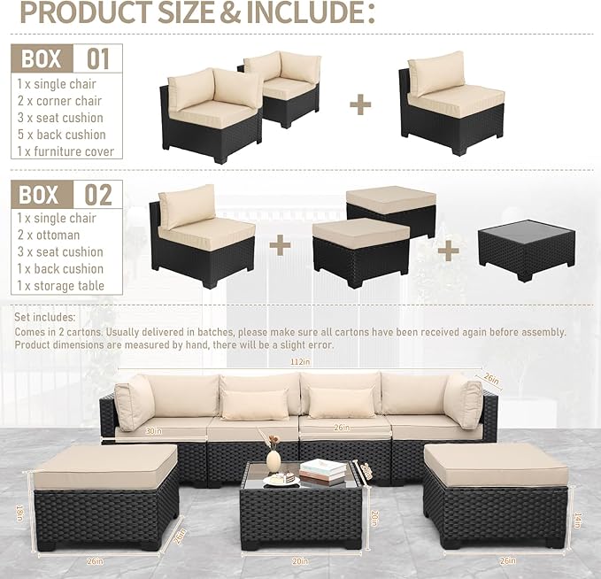 7 Pieces Outdoor PE Wicker Furniture Set Patio Rattan Sectional Conversation Sofa Set with Khaki Cushions and Glass Top Table