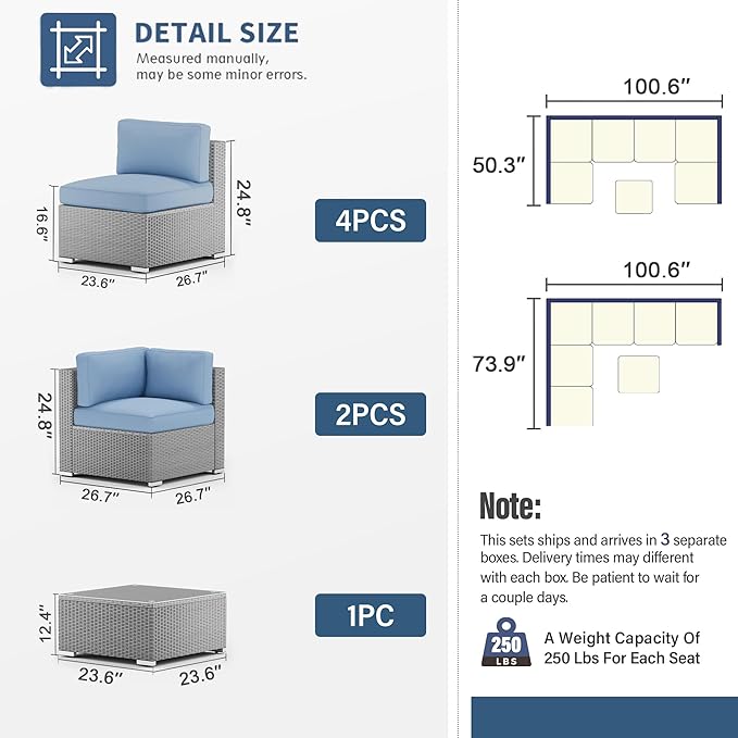 SUNCROWN Outdoor Patio Furniture Set 7 Piece Outdoor Sectional Sofa Grey Wicker Conversation Sofa Set with Coffee Table, Cushions and A Waterproof Cover, Backyard, Garden, Poolside, (Light Blue)