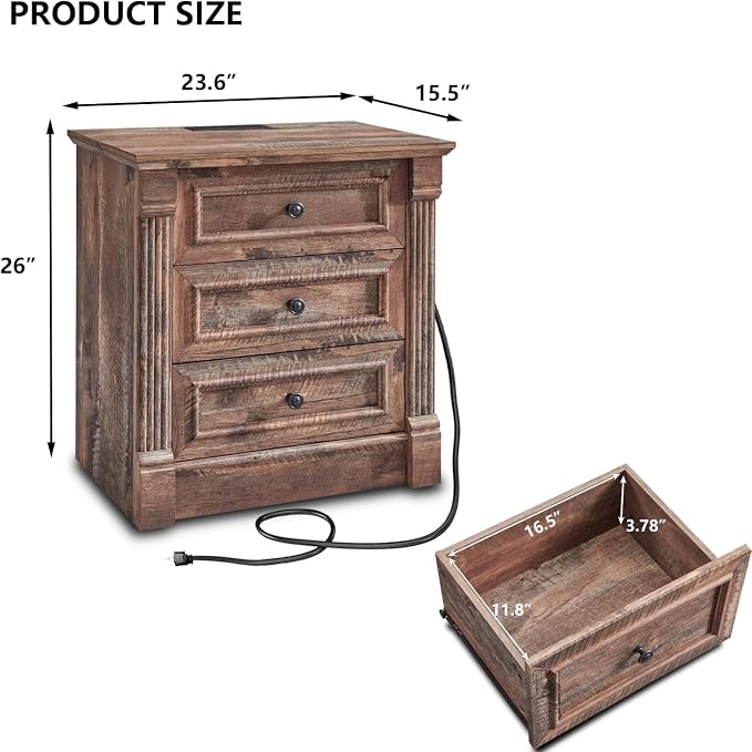 Aitjunz 26" Tall Farmhouse Nightstand Set of 2, 3 Drawers End Table w/Charging Station, 23.6" Wide Large Side Table w/Roman Column, Wood Rustic Sofa Table for Bedroom, Light Brown - Image 3