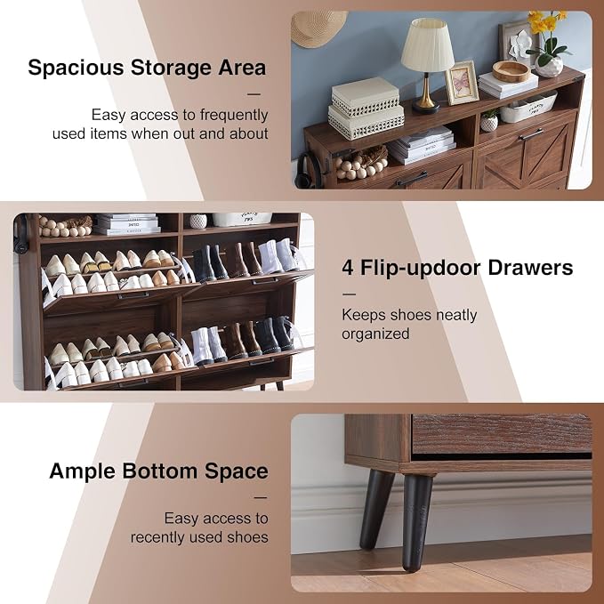 Barnyatoh Shoe Storage Cabinet,Farmhouse Shoe Organizer with 4 Flip Drawers & Barn Door Design,Freestanding Hidden Slim Narrow Shoe Rack Cabinet with Open Shelves for Entryway,Foyer,Hallway,Walnut - Image 6