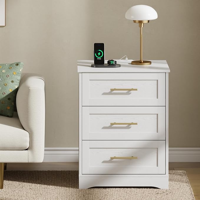 Modern Luxury Nightstand with Charging Station and Hidden Drawer, Bedside Table with 4 Drawers, 26" H Night Stand for Bedroom, Home Office, White - Image 7