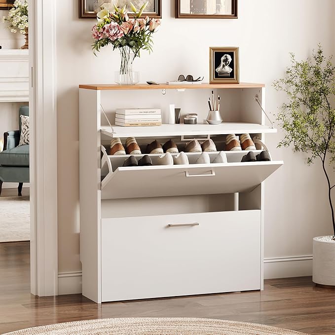 VINGLI Set of 2 Shoe Cabinet for Entryway, 2-Pack 31.5" W Extra Wide Slim Shoe Organizer with 2 Flip & 1 Drop-Down Drawers, Modern White Shoes Rack with Oak Top, Narrow Cabinet for Hallway - Image 4