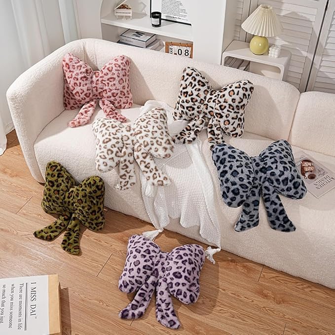 2Pcs Leopard Print Bow Throw Pillow Furry Bow Plush Pillows Cute Flower Plush Pillow Cheetah Home Decor Stuffed Bow Lumbar Pillow for Bed Couch Living Room Decor (Green, 16in)
