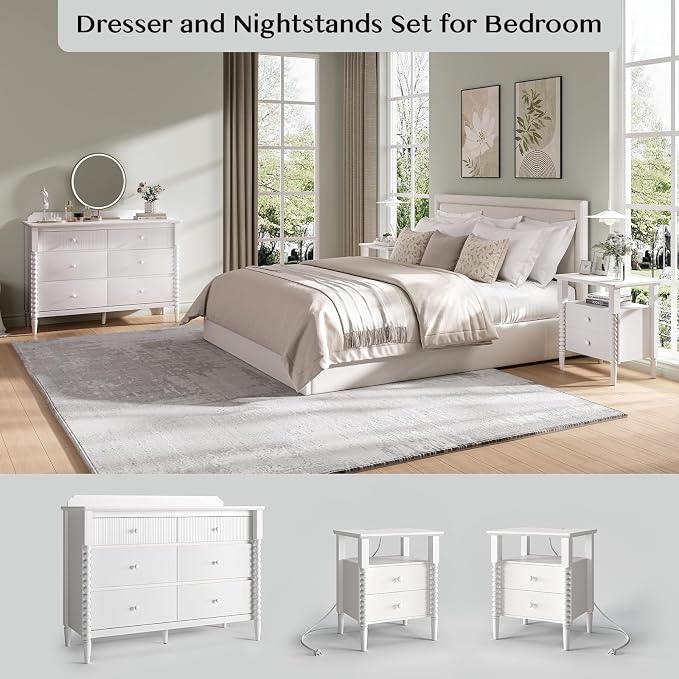 JOINICE 3 Piece Bedroom Set, Vintage 6 Drawer Dresser and Nightstand Sets for Bedroom, Night Stand Set 2 & Kids Dresser with Solid Wood Legs, Chest of Drawers Storage Cabinet Set, White - Image 4