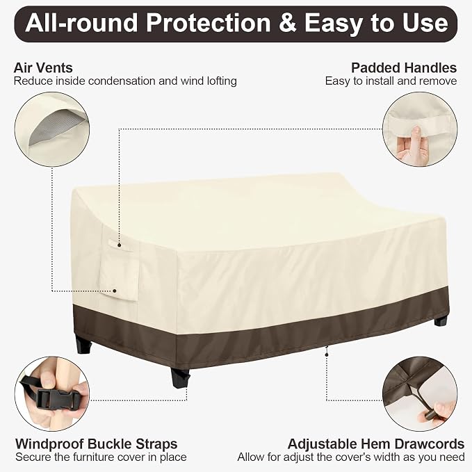PureFit Outdoor Couch Cover Waterproof Patio Sofa Furniture Covers, 3-Seater Outdoor Cover with Air Vent and Handles, 85W x 35D x 35H Inches, Beige/Brown - Image 5