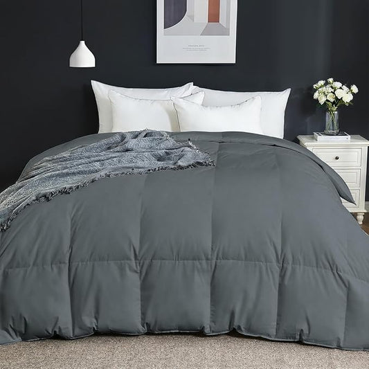 Goose Feather Comforter King Size, 100% Cotton Duvet Insert All Season, Bed Comforter Quilted with 8 Corner Tabs Hotel Luxury Fluffy Duvet Insert, 106 x 90 Inch, Machine Washable, Grey