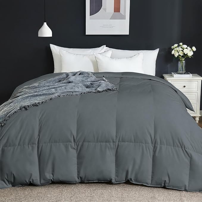 Goose Feather Comforter Oversized King, 100% Cotton Duvet Insert All Season Bed Comforters Quilted with 8 Corner Tabs Hotel Luxury Fluffy Duvet Insert, 116 x 98 Inch, Machine Washable, Grey