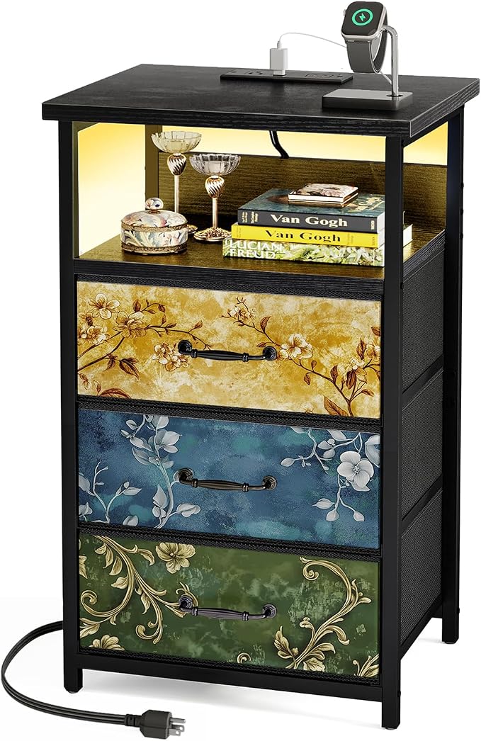 Fixwal Night Stand with Charging Station, LED Nightstand with U-S-B Ports and Outlets, 3 Fabric Storage Drawers with PU Finish, Bedside Table, Vintage Flower by Fixwal