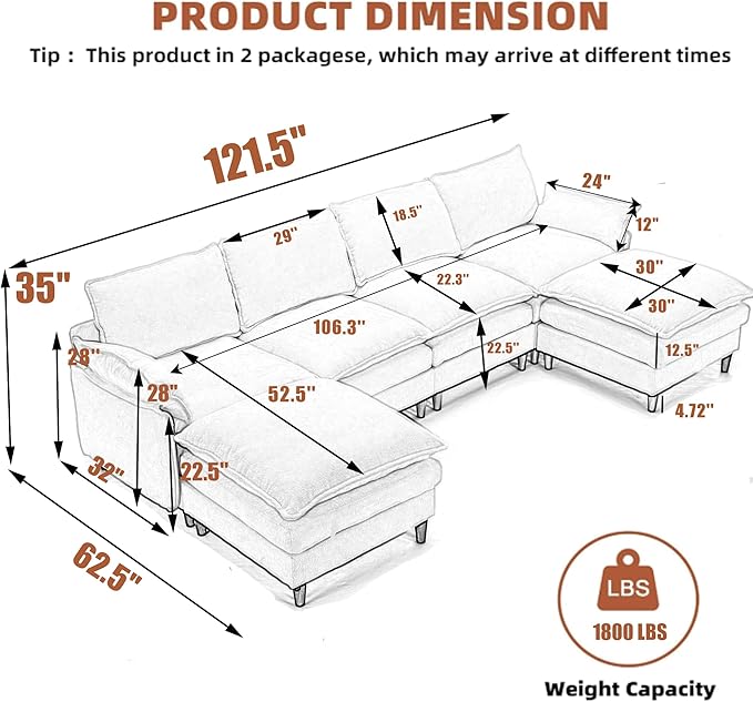 121-Inch U-Shaped Sectional Cloud Sofa Oversized Modular 6 Seaters Sofa Couch with 2 Ottoman Chaise and Pillow Armrest, Chenille Upholstered Convertible Cloud Couch