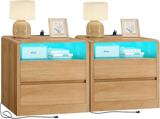 TEENFON Nightstands Set of 2 with Charging Station & LED Lights, Curved Corner Bedside Table 21.7" W, 2 Drawers & Open Shelf, USB-C & USB Ports, Natural, Storage End Table for Bedroom/Living Room by TEENFON
