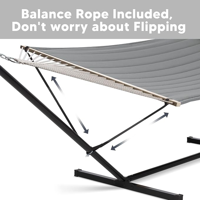 SUNCREAT Double Hammock with 15 ft Stand, Outdoor Hammock with Stand, Balance Straps, Light Gray - Image 4