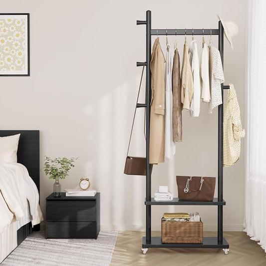 Taitiy Coat Rack Freestanding Clothing Rack with Wheels & 2 Shelves Storage & 5 Hooks Heavy Duty Clothes Rack Wood Coat Tree Stand Hat Hanger Rack for Corner Bedroom Entryway Living Room Hotel Size L by Taitiy