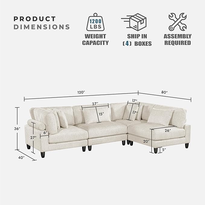 Lexicon 120 Inch Modular Sectional Sofa - Oversized 4 Seater Microfiber L Shaped Sectional Couch, 6 Accent Pillows, and Flexible Arrangement for Modern Living Rooms, Beige