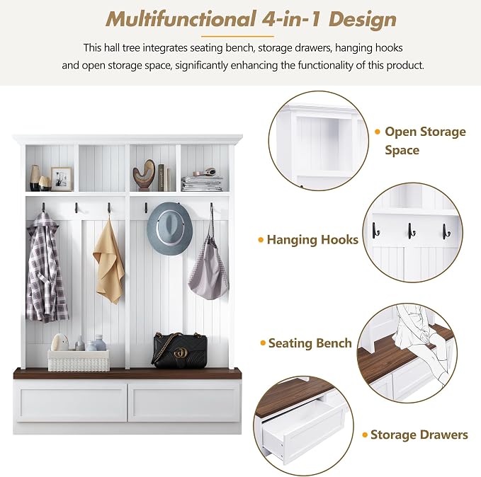 Merax Wood Hall Tree Entryway Bench with 6 Hooks, Farmhouse Mudroom Versatile Coat Racks with 2 Large Drawers Entrance Organizer for Hallway White - Image 2